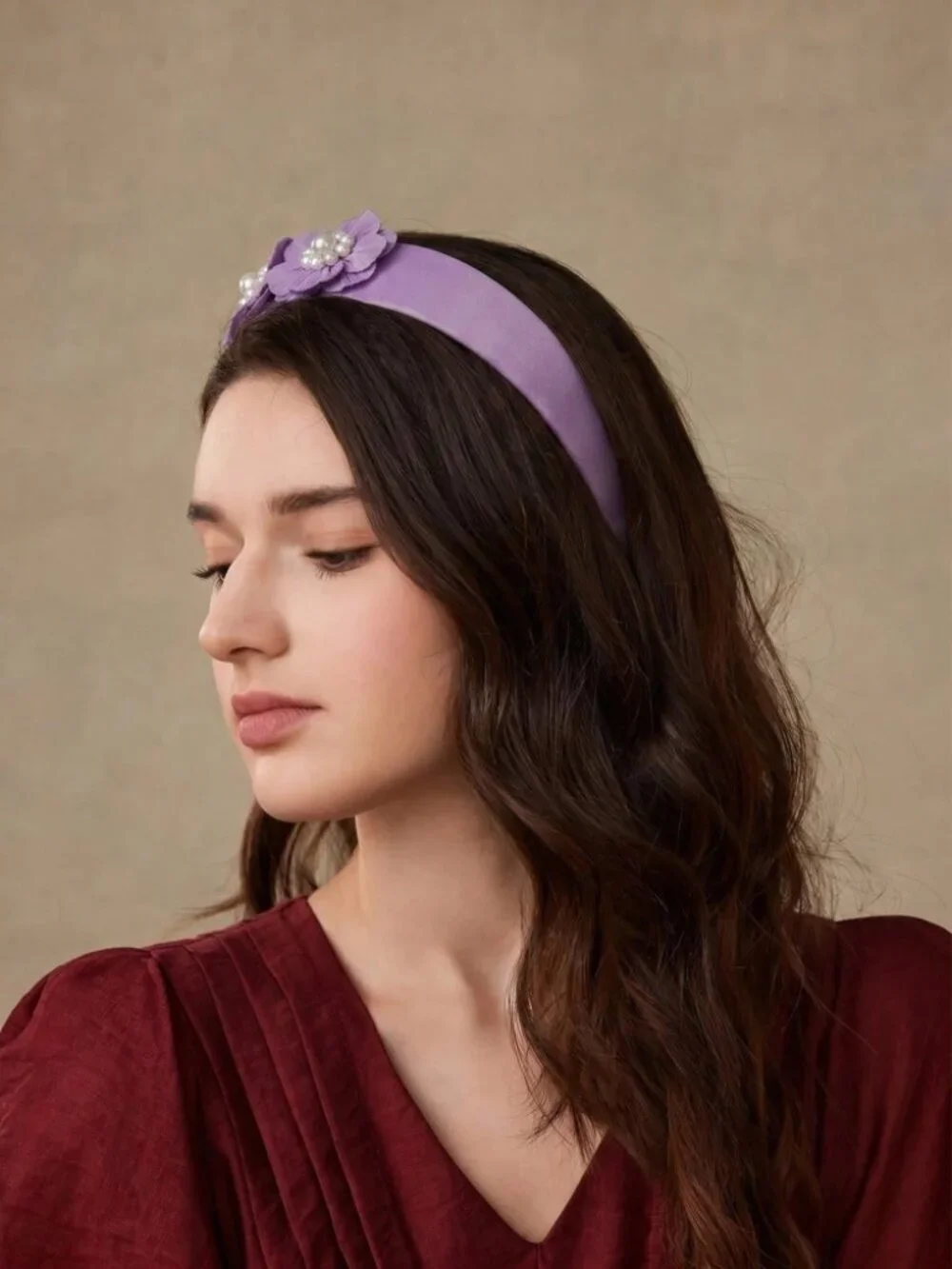 Lavender Pleated Flower Headband with Pearl Centers